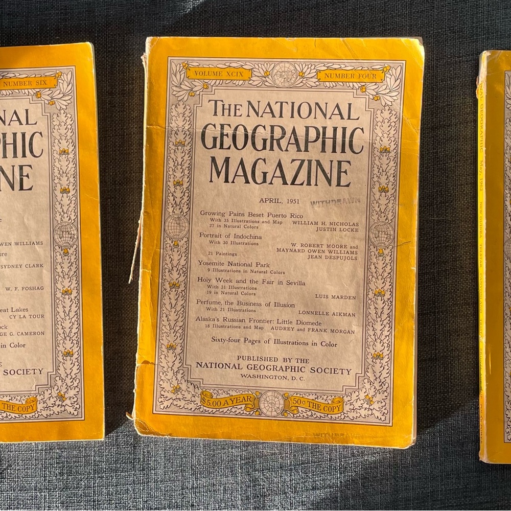 Mid-century National Geographics, mostly from the 1950s.